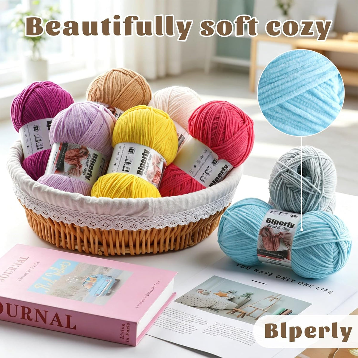 Skinny Chenille Yarn for Crocheting, #2 Blue Soft Baby Blanket Fluffy