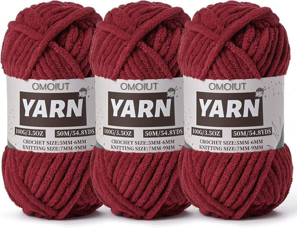 3 Pack Burgundy Fluffy Chunky Chenille Crochet Yarn, Baby Yarn for