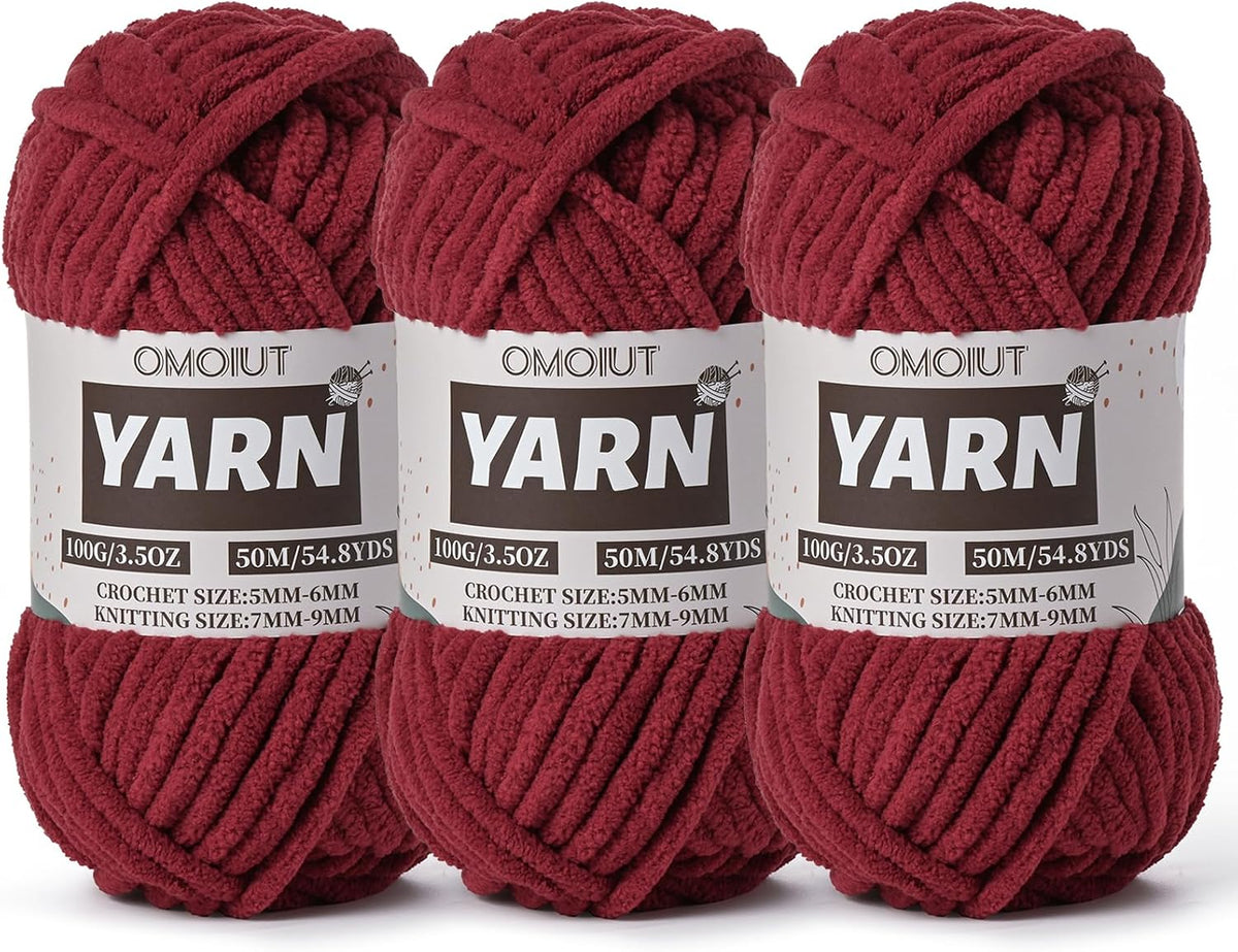 3 Pack Burgundy Fluffy Chunky Chenille Crochet Yarn, Baby Yarn for