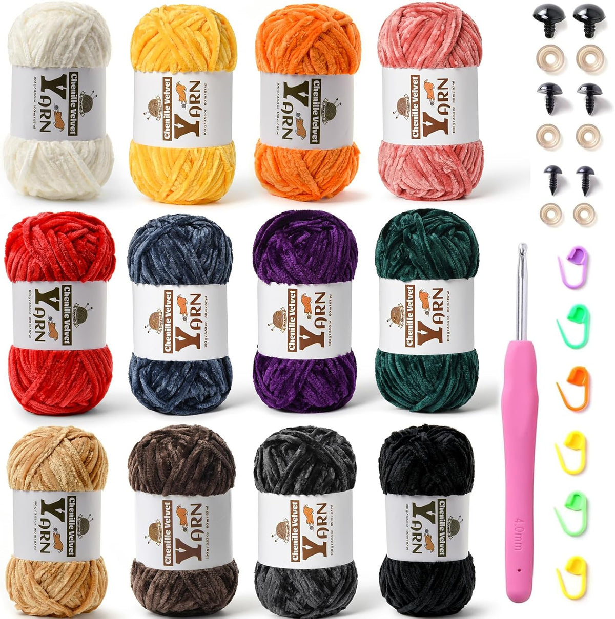 Chenille Velvet Yarn for Crocheting Beginner Yarn 12 Pack Multicolor