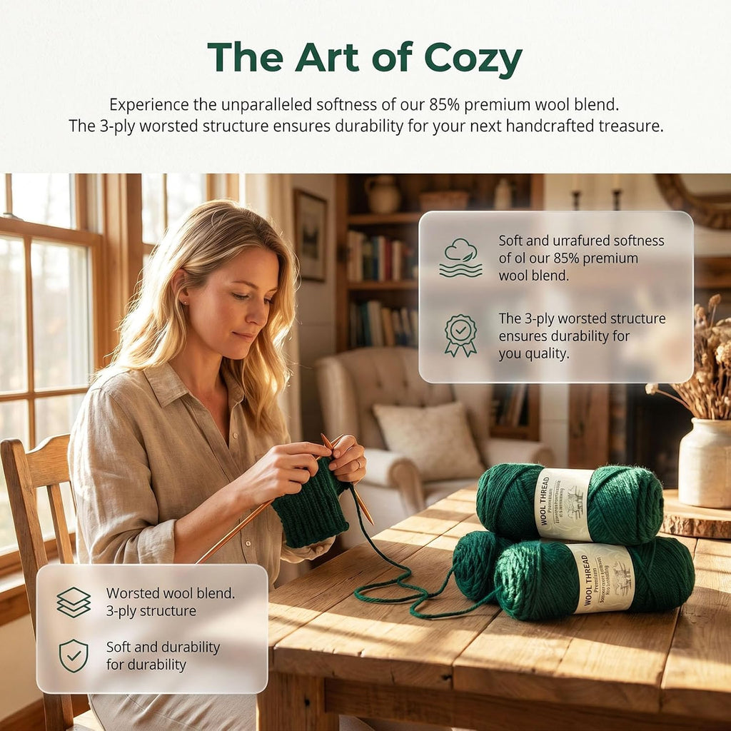 Wool Blend Yarn – 3 Skeins (300g Total), 85% Wool 15% Polyester, for
