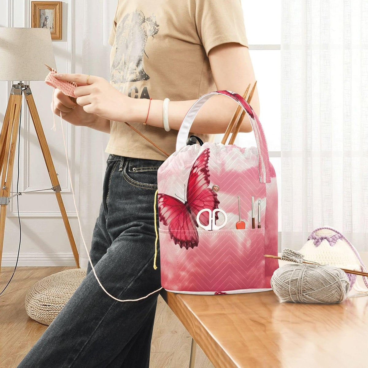YETTASBIN Butterfly Yarn Storage Bag, Large Crochet Knitting Bag