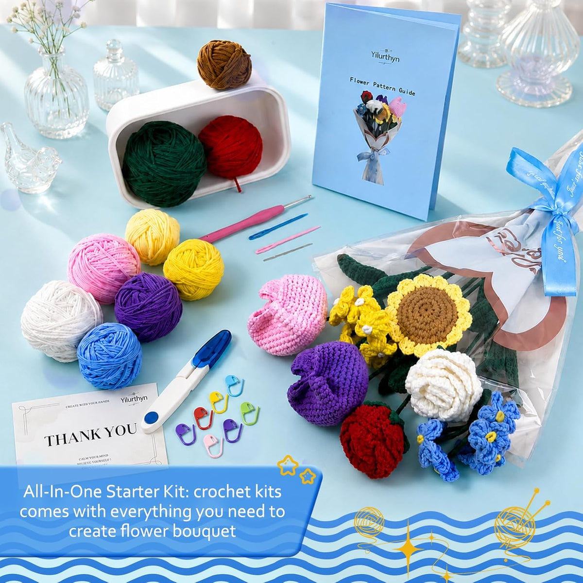 Yilurthyn Crochet Kit DIY Handmade Flower Rose Tulip Sunflower 7pcs