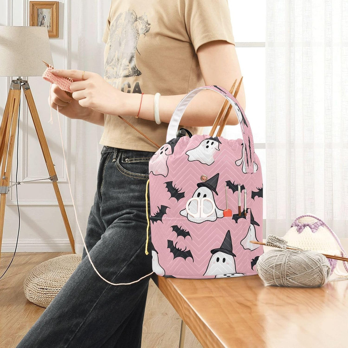 YETTASBIN Halloween Ghost Bat Yarn Storage Bag, Large Crochet Knitting