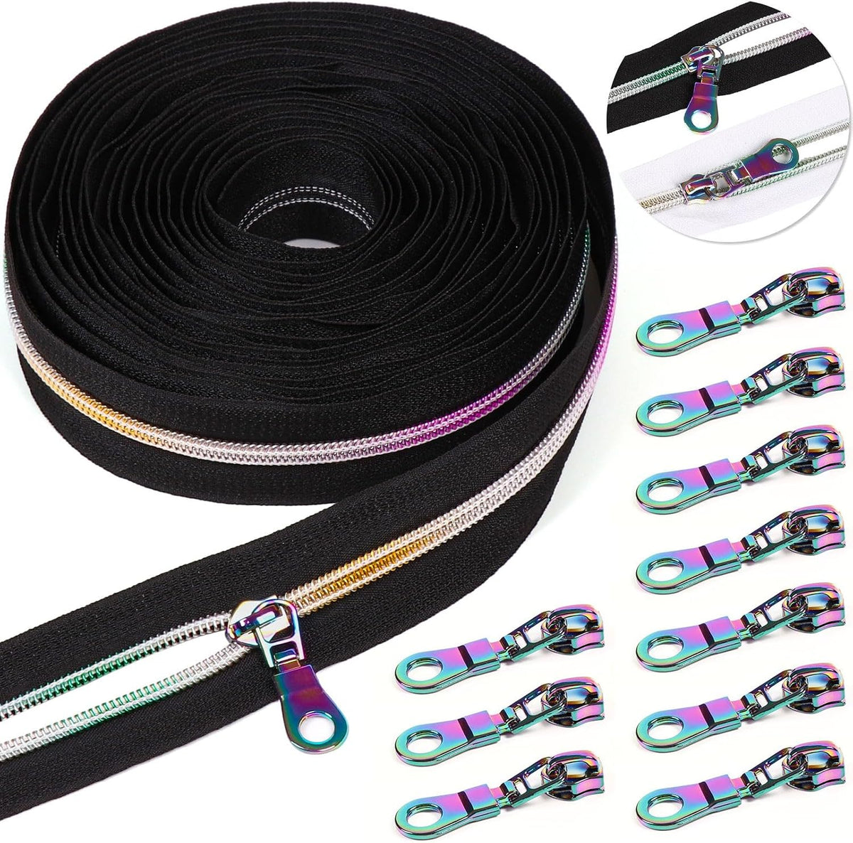 #5 Rainbow Zipper Tape By the Yard with Pulls-6 Yards with 10 Pcs