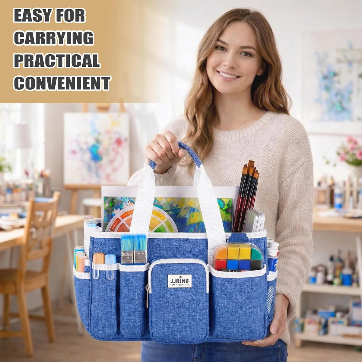 JJRING Foldable Craft Organizer Tote With Zipper & Divider, Blue