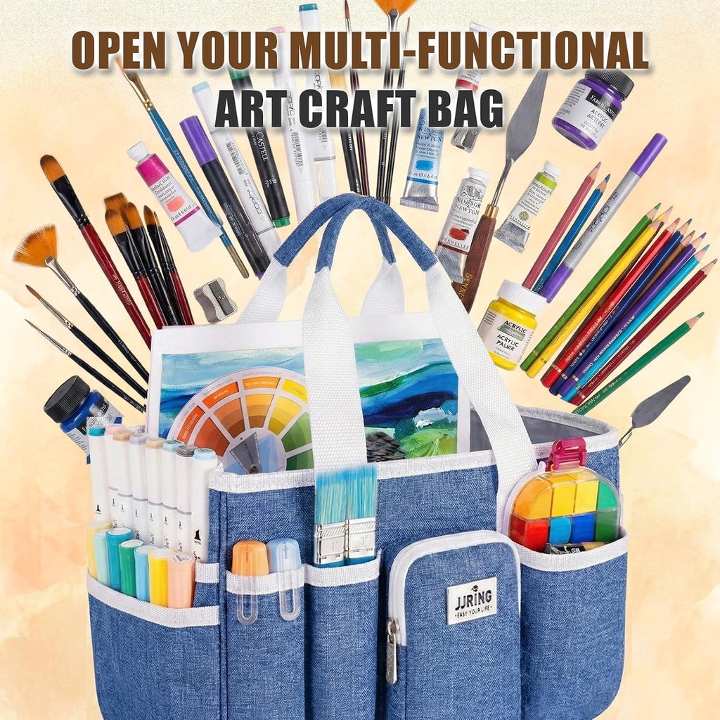 JJRING Foldable Craft Organizer Tote With Zipper & Divider, Blue