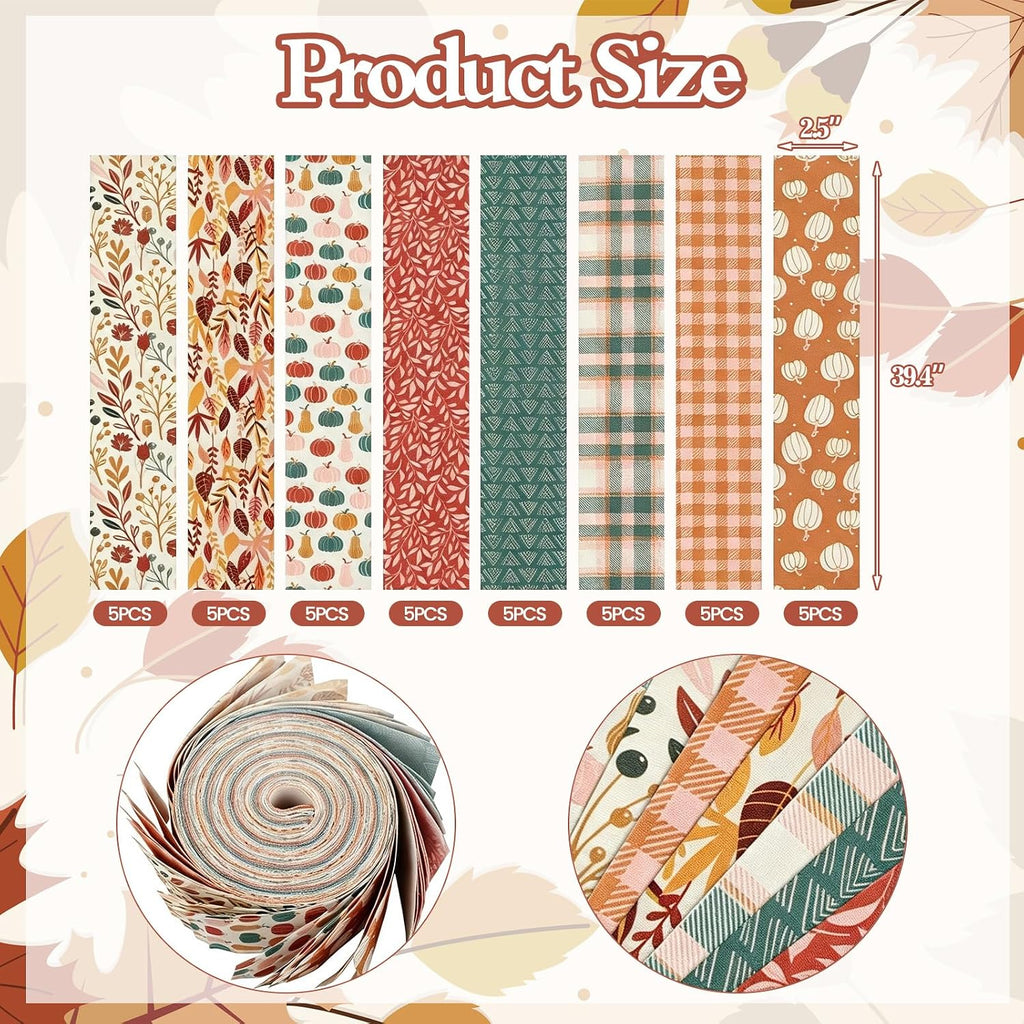 40 Pcs 2.5" x 39.4" Boho Fall Cotton Fabric Bundles Fall Pattern