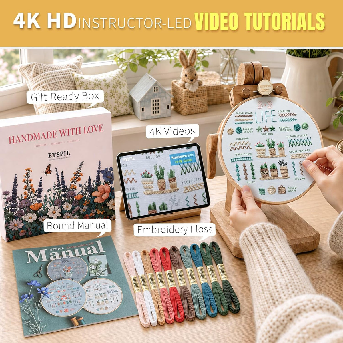 ETSPIL Embroidery Kit for Beginners, 4K Step-by-Step Video, Adults