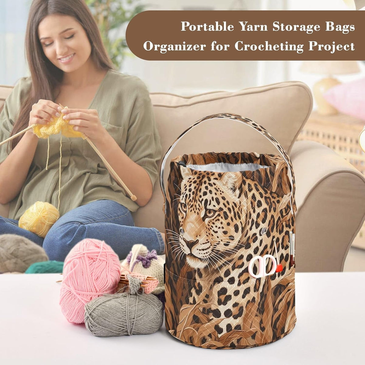 YETTASBIN Leopard Yarn Storage Bag, Large Crochet Knitting Bag