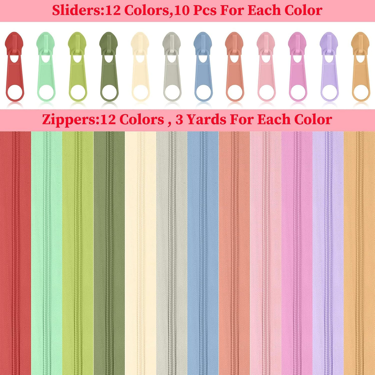 Syhood 12 Pack 36 Yard #5 Zipper Tape by Yard, Pulls, Light Morandi