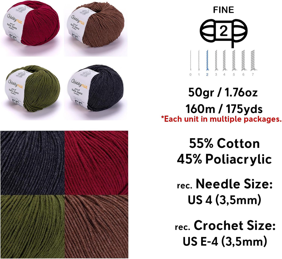 Cotton Yarn Bundle - 4 Multicolor Balls Soft Sport Weight Yarn for