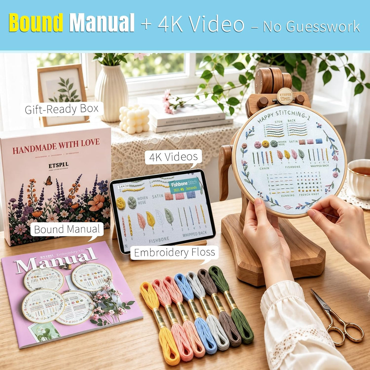 ETSPIL Beginner Embroidery Kit, 4K Video, 4 Floral Patterns, Gift Box