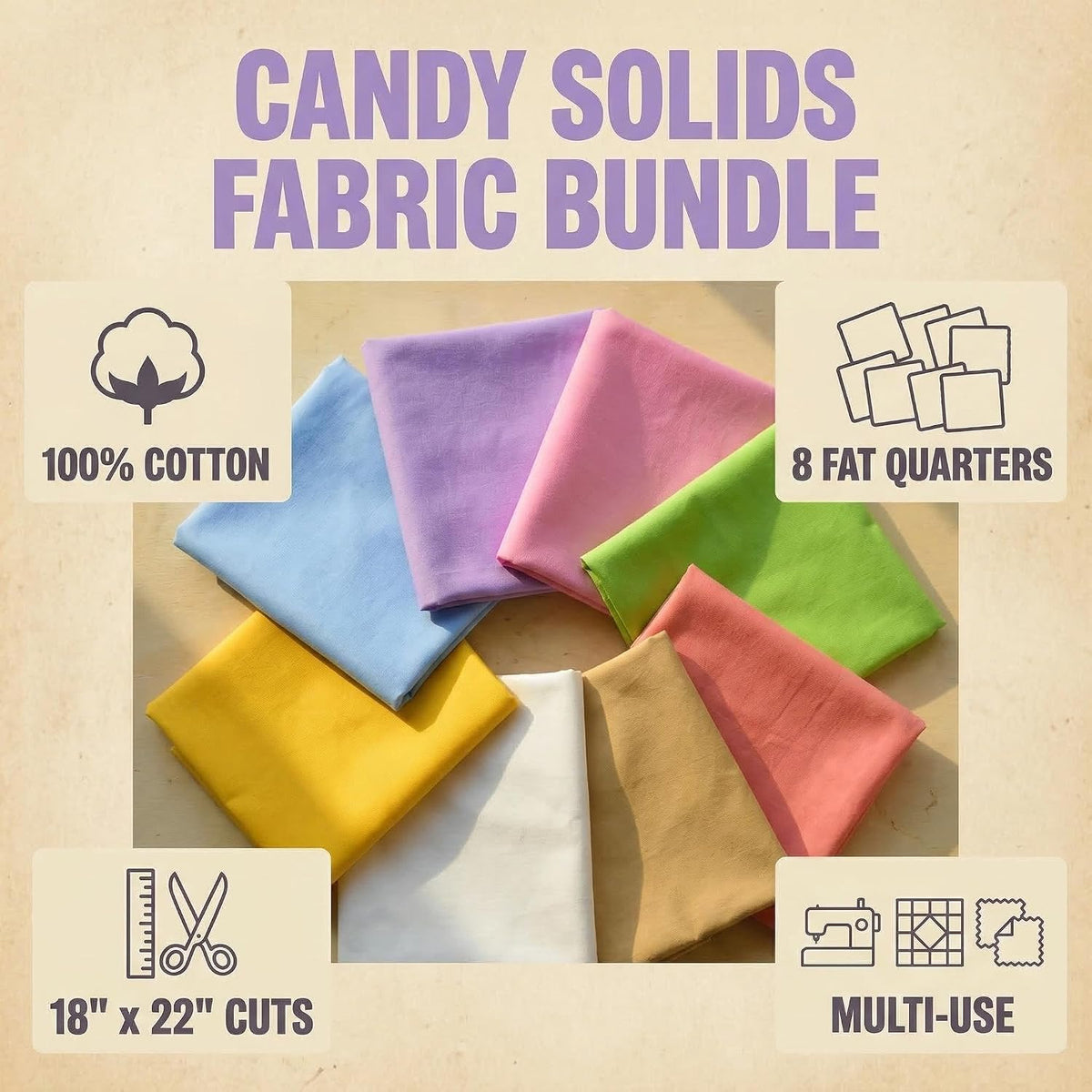 iNee 100% Cotton Fat Quarters Quilting Fabric Bundles,(Candy Solids)