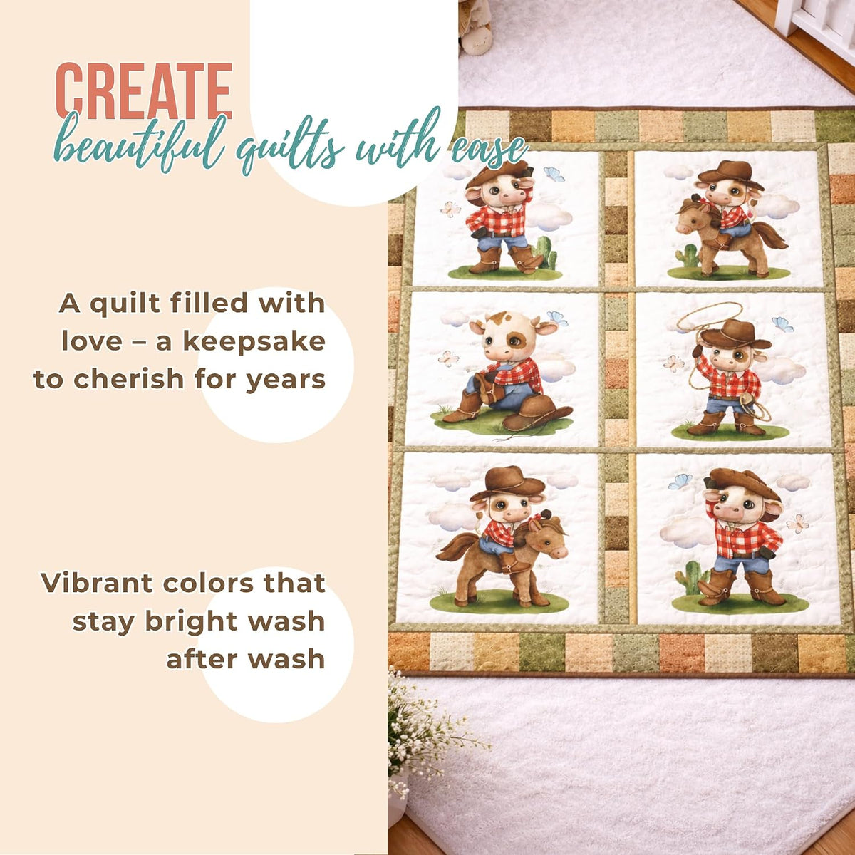 UNIQUE Cowboy Quilting Fabric Panel Set of 6, 12x12in, 100% Cotton