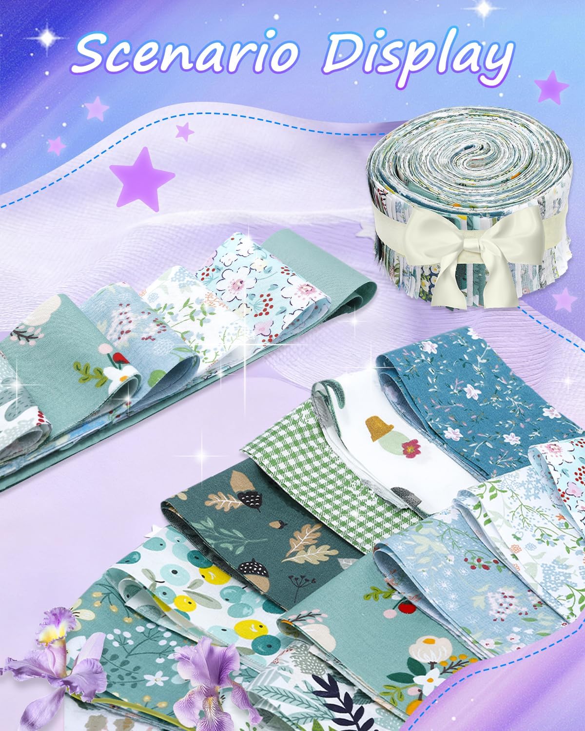 eZAKKA 40 Pack Green Jelly Roll Fabric, Floral Cotton Strips for
