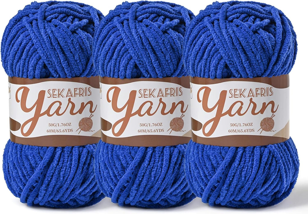 Chenille Yarn for Crocheting Crochet Sapphire Blue Yarn 3 Pack
