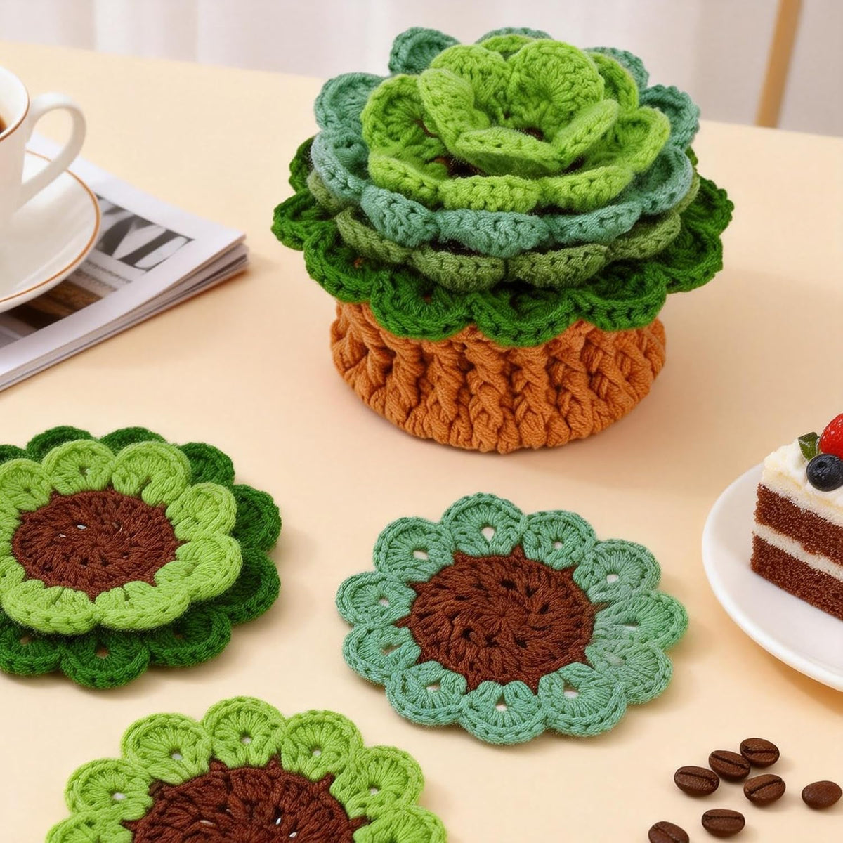 kjcbkcb 6Pcs Crochet Kit for Beginners Cute Potted Plant Cup Mats