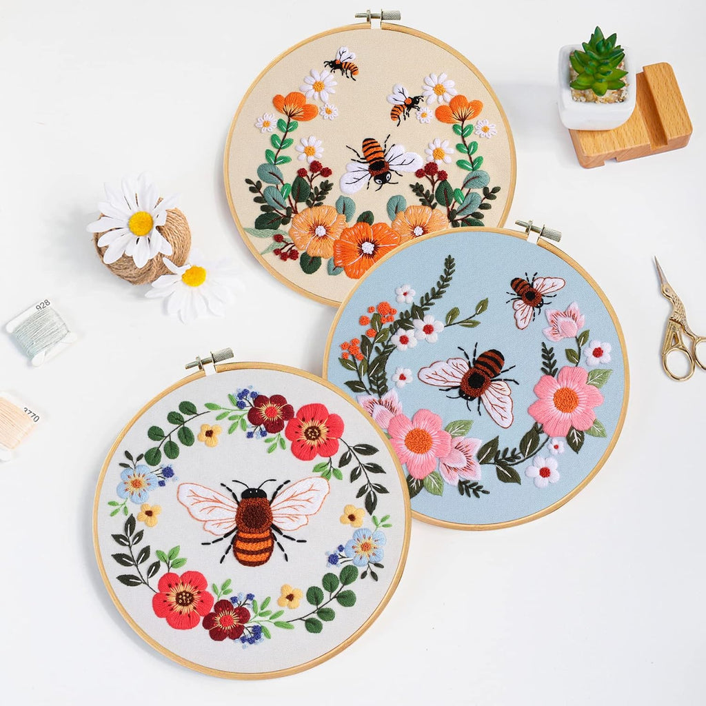 Santune 3 Pack Bee Embroidery Kit for Beginners Adult Cross Stitch