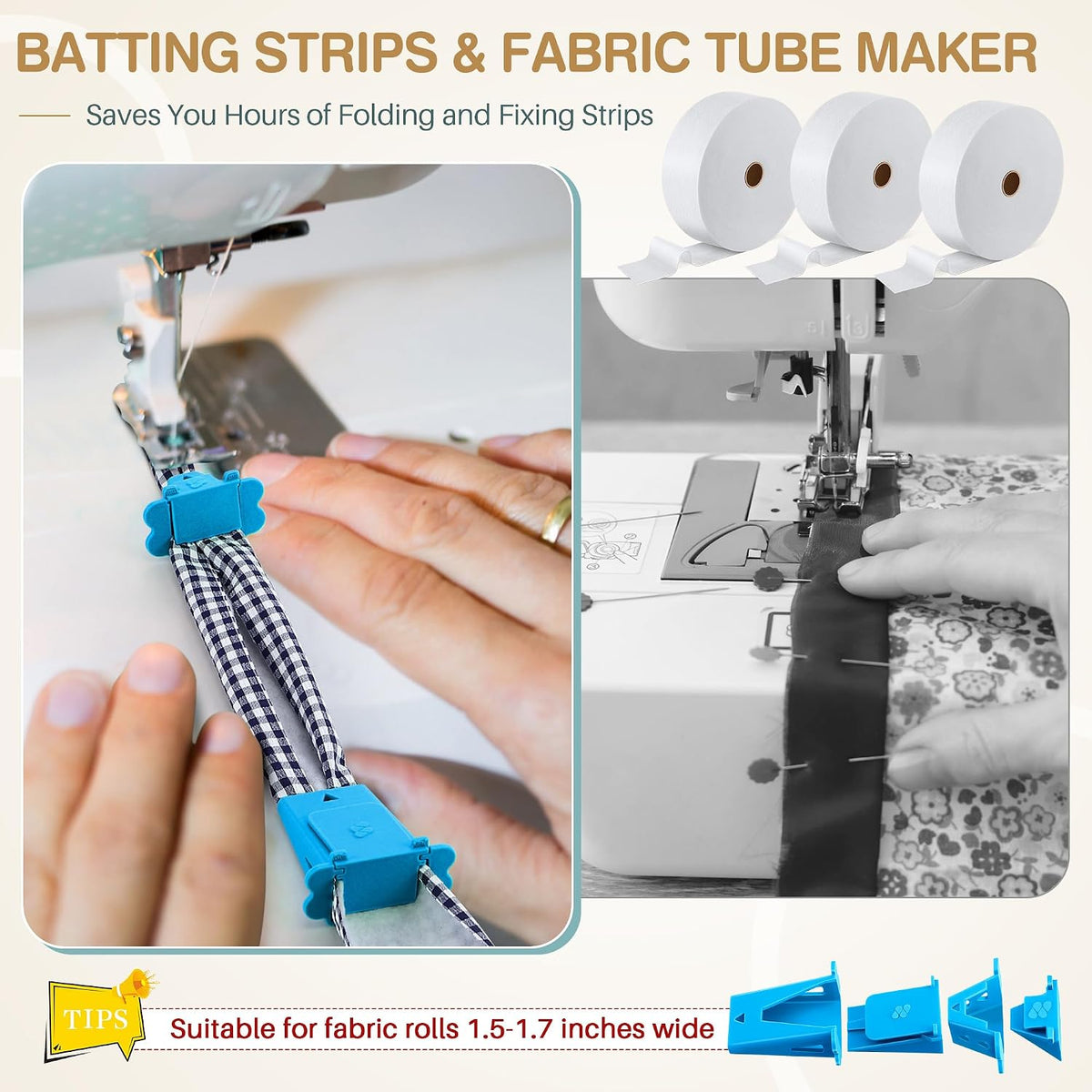 3 Roll Jelly Roll Batting Strips with Tube Maker, 2 1/2", Blue