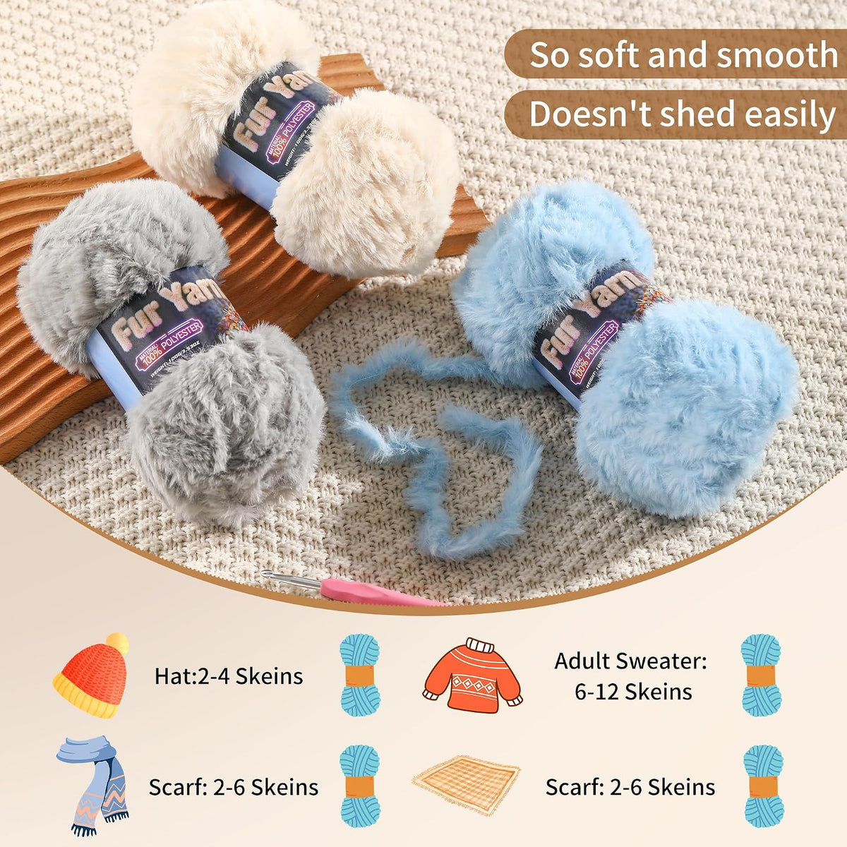 Faux Fur Yarn Soft Fluffy for Crocheting - 2 Skeins