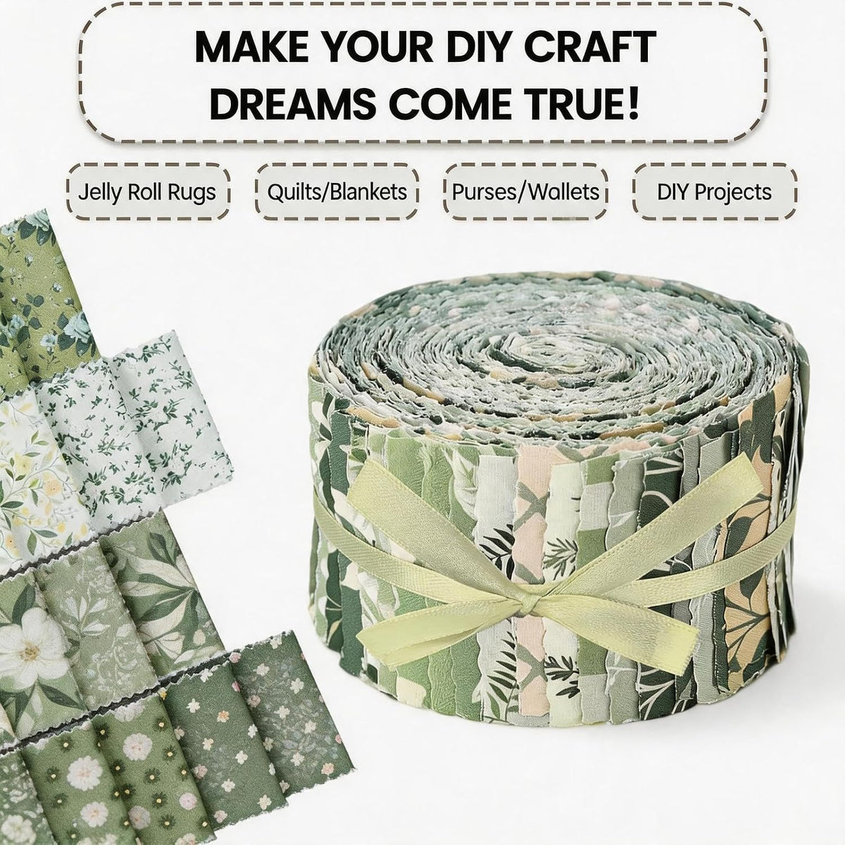40 Pcs Jelly Roll Fabric Strips for Quilting, Crafting, Sewing, Sage