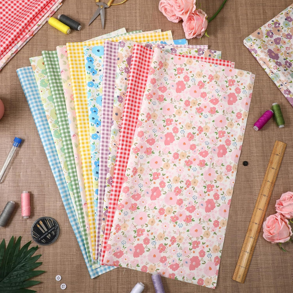20 Pcs Floral Gingham Quilting Fabric Bundles 20"x20" Spring Flower