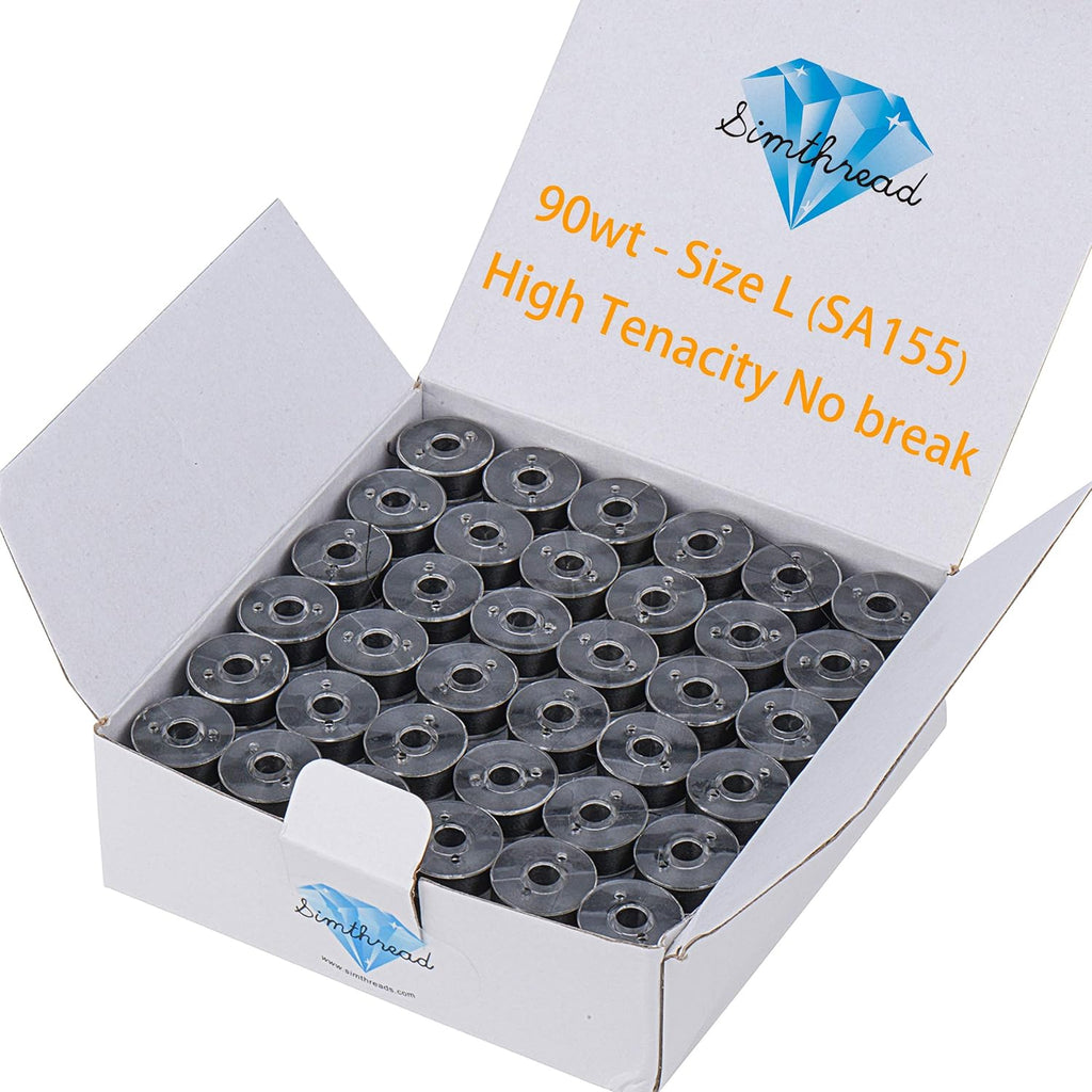 Simthread 144pcs Size L SA155 90WT Prewound Bobbin Thread - Black