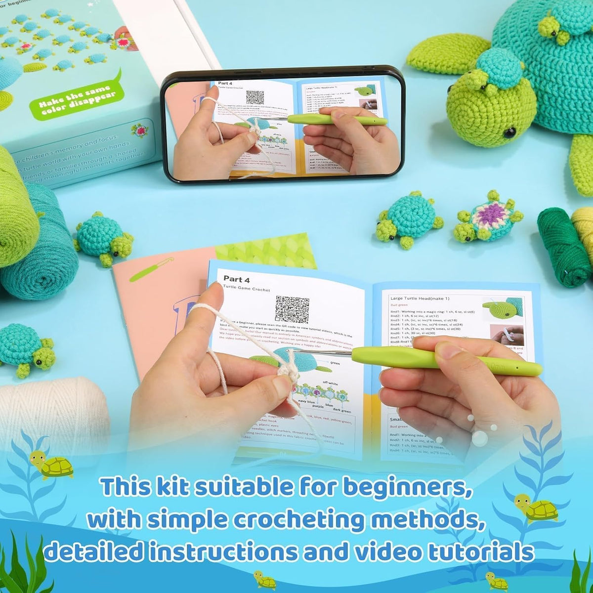Crochet Kit for Beginners, 21 Pcs Turtles Crochet Animal Kit for
