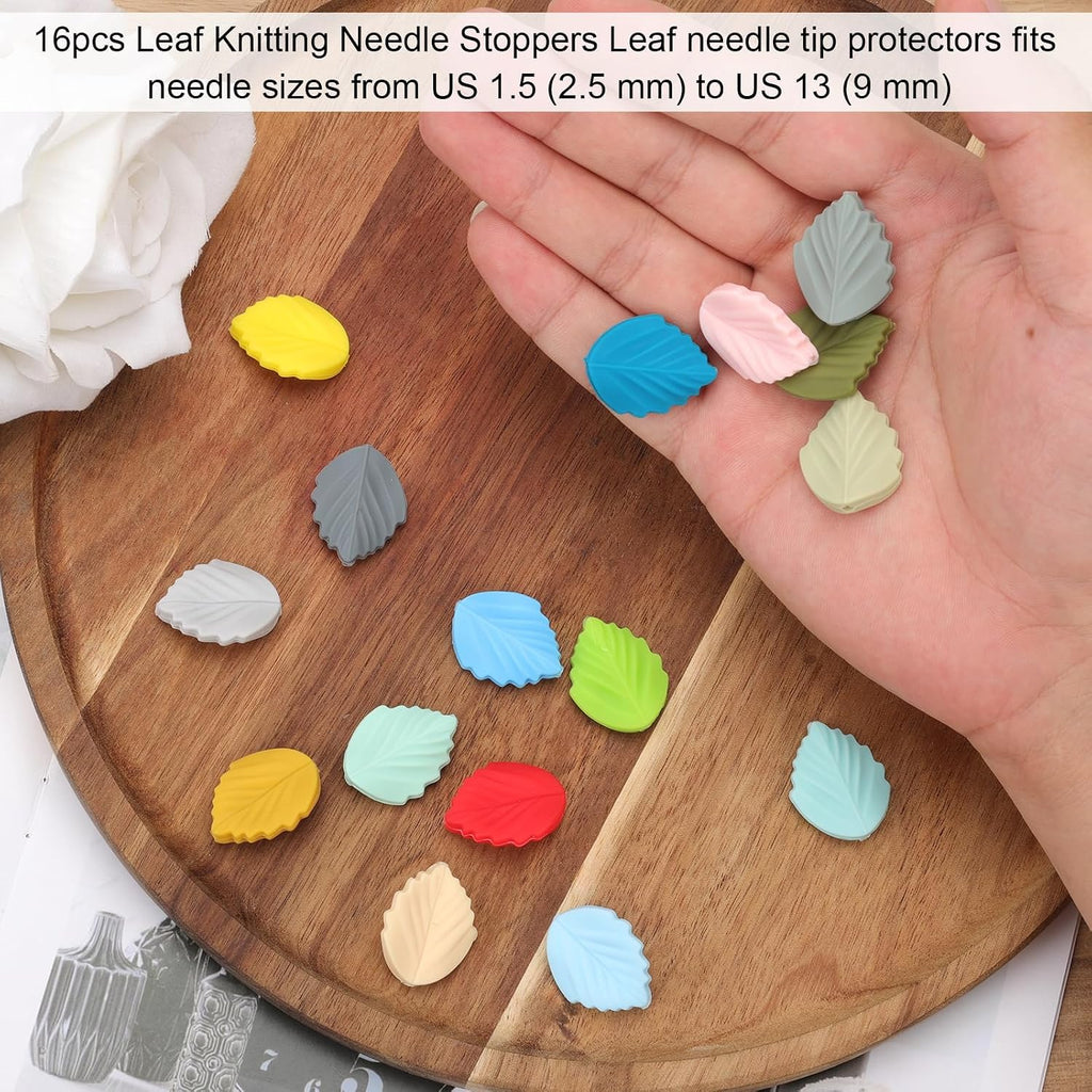 NQEUEPN 16pcs Knitting Needle Stoppers, Cute Leaf Knitting Needle