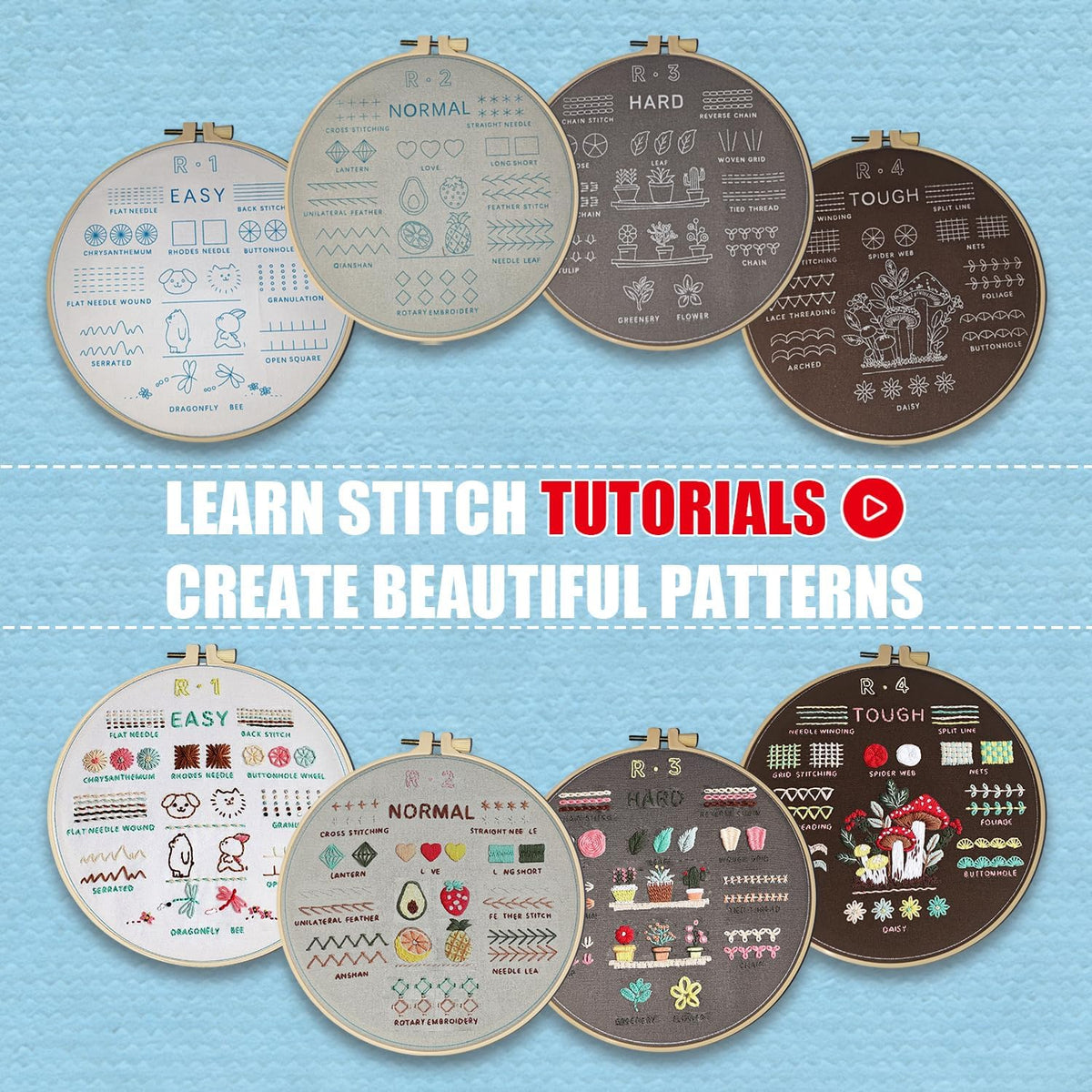 Emmanoth 5-Pack Beginner Embroidery Kit, Pre-Stamped Floral Patterns