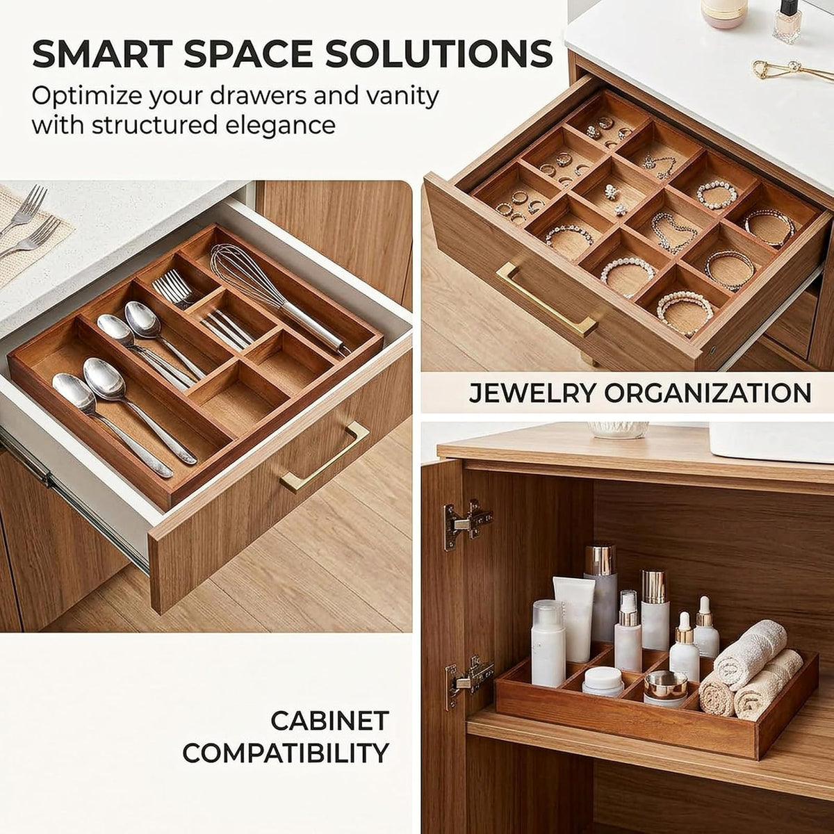 2 Pack Wooden Storage Divider Box Wood Divided Organizer, Divided