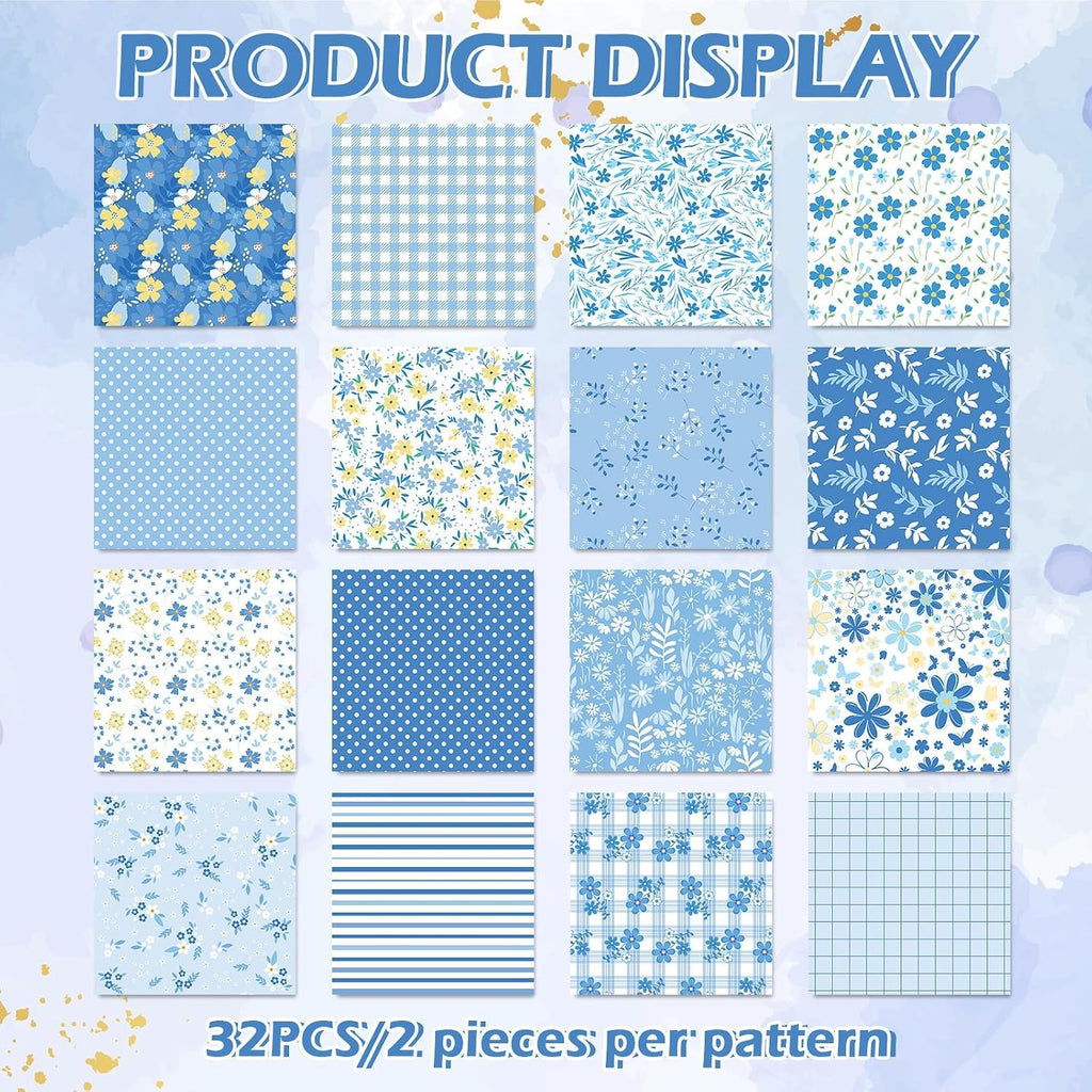 Whaline 32 Pcs Blue Floral Cotton Fabric Bundles Dot Plaid Flower