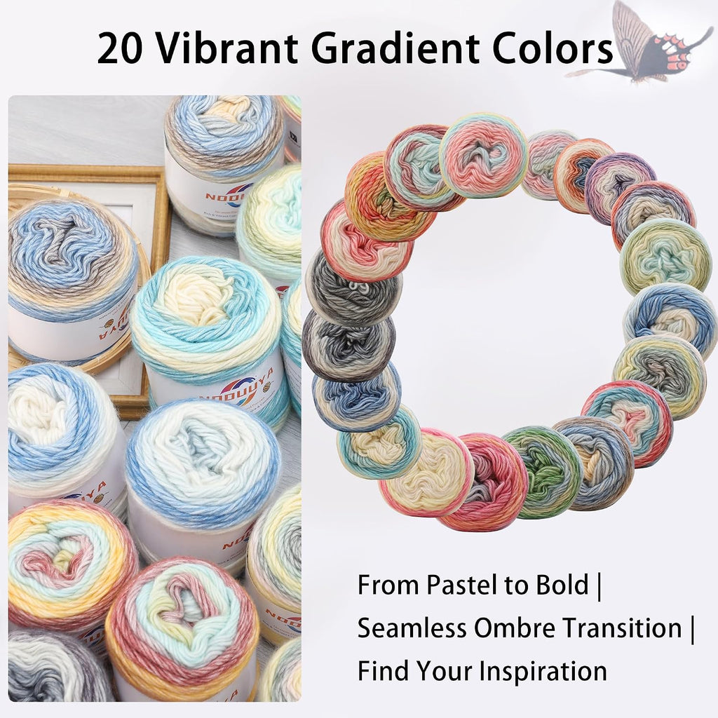 20 Colors Gradient Yarn for Crocheting, 100g/240m #3 DK Light Weight