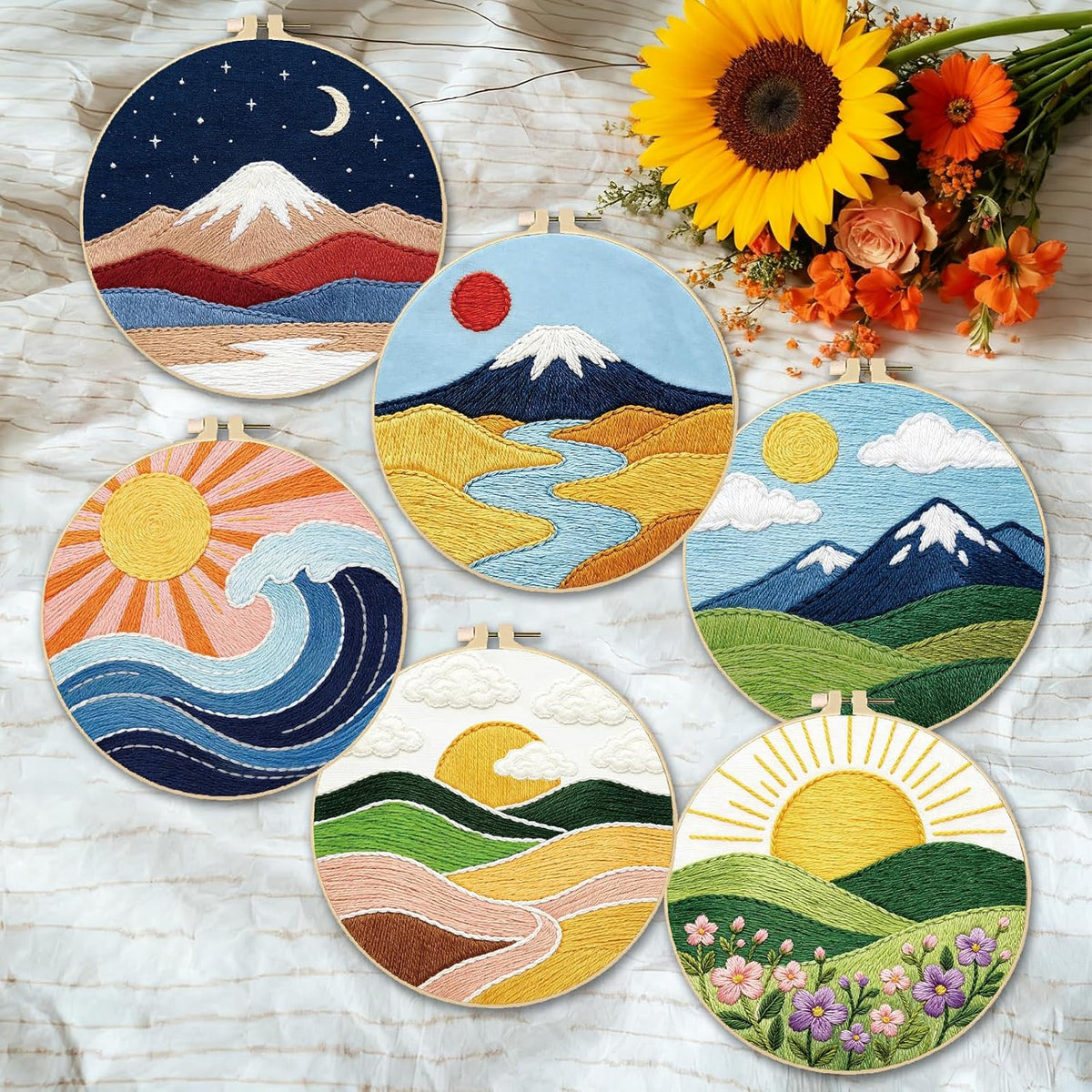 INFUNLY 6 Sets Embroidery Kit for Beginners with Natural Scenery