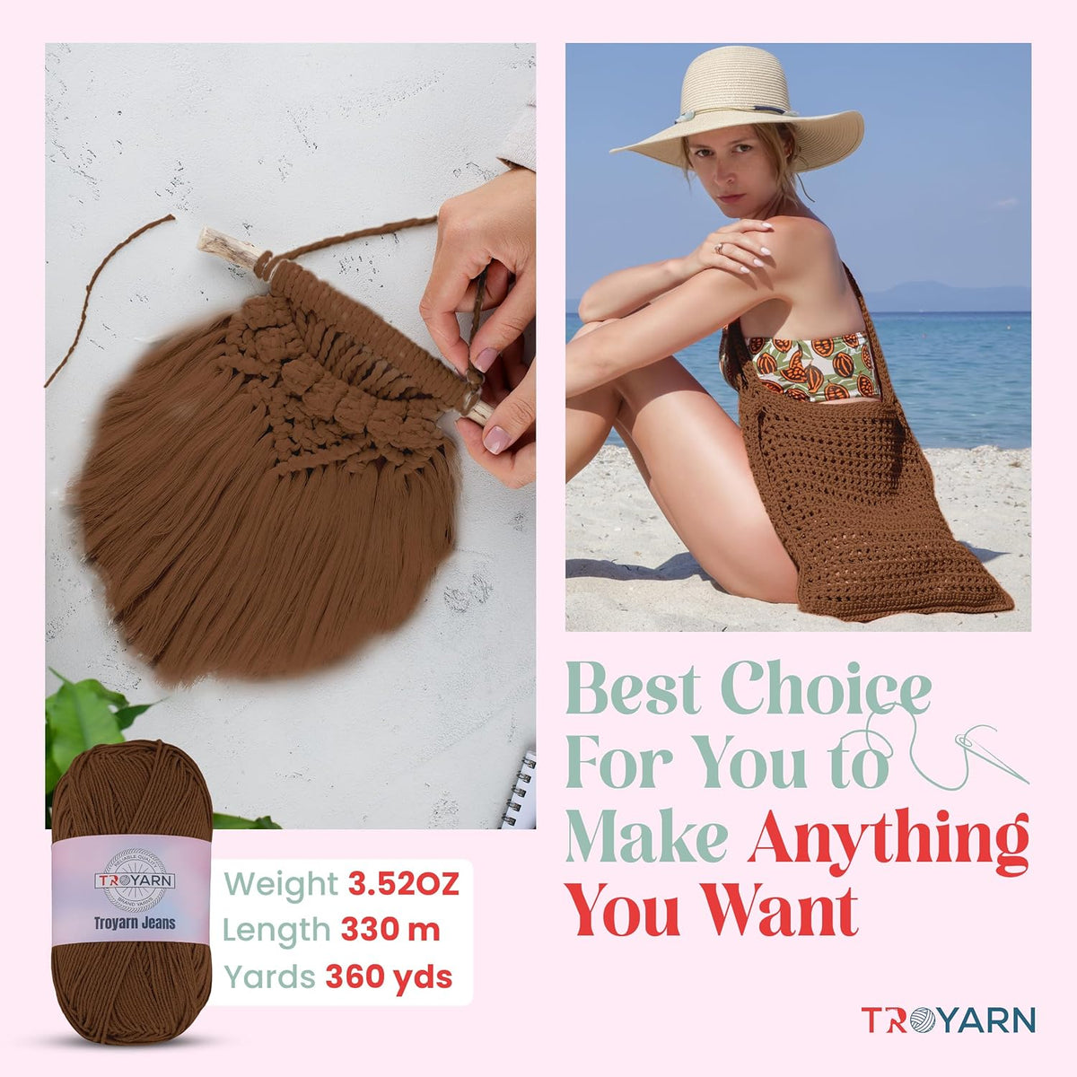 60% Cotton 40% Acrylic Crochet Yarn - 5 Skien Bulk - Brown, Soft
