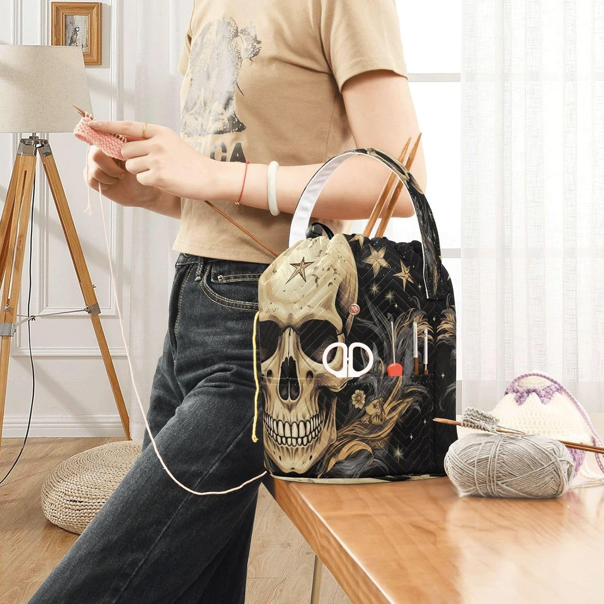 YETTASBIN Skull Star Yarn Storage Bag, Large Crochet Knitting Bag