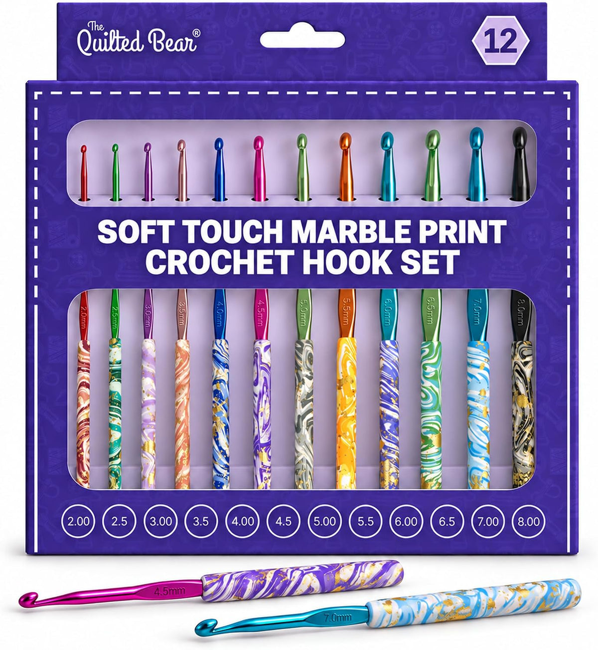 The Quilted Bear Soft Touch Marble Crochet Hook Set, 12 Ergonomic