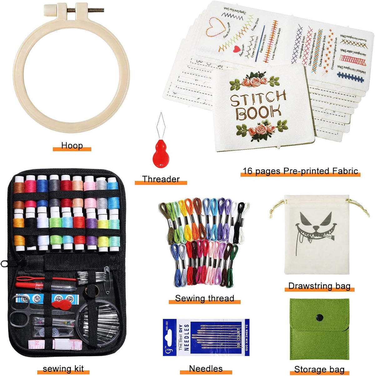 PulsePine Embroidery Stitch Book Kit with 16 Pages Practice Fabric,32