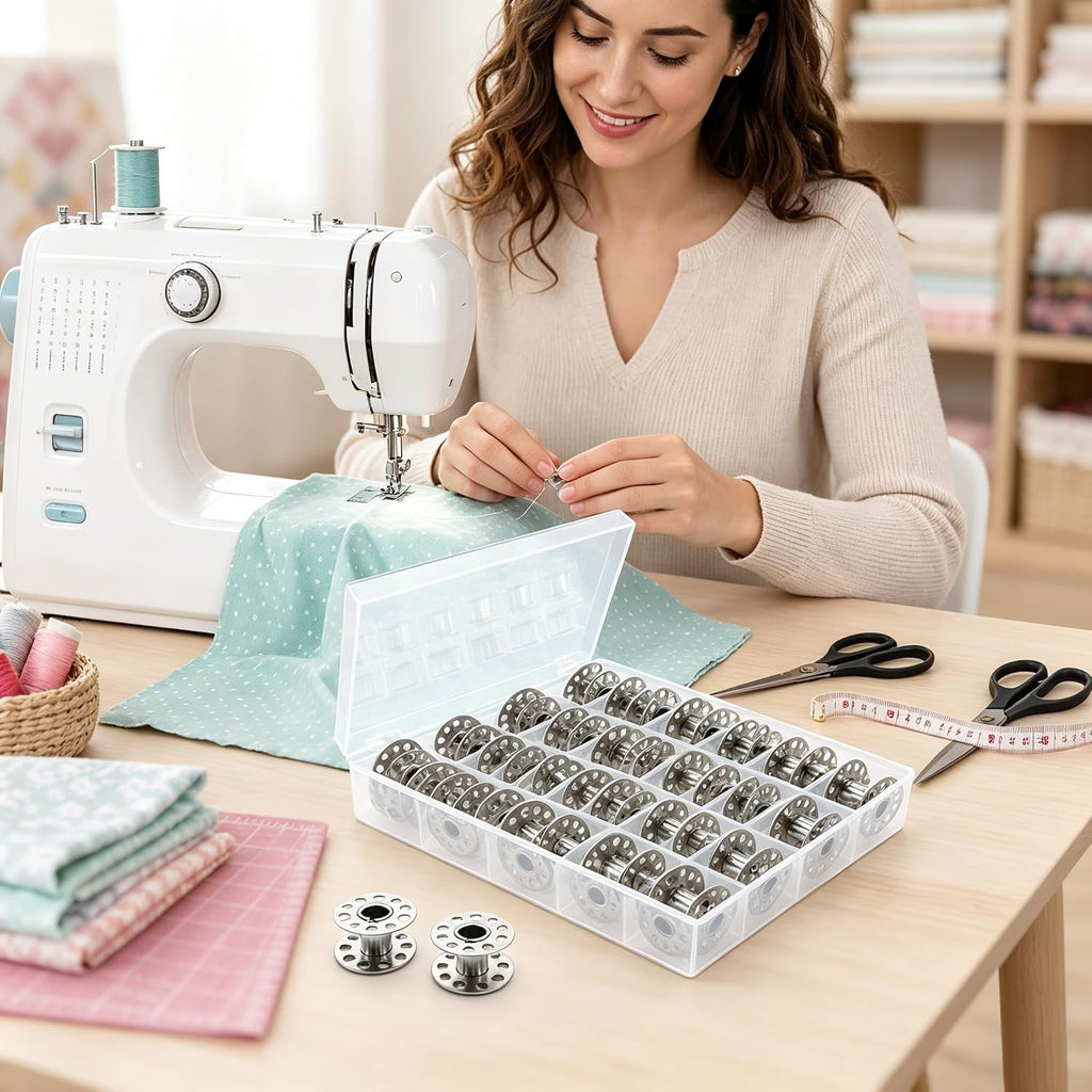 25 Pcs Metal Sewing Bobbins with Storage Box