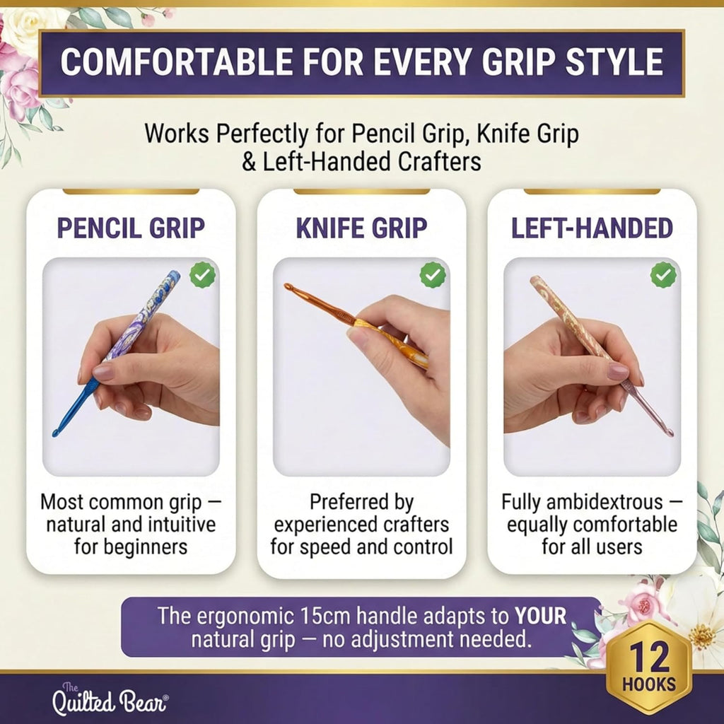 The Quilted Bear Soft Touch Marble Crochet Hook Set, 12 Ergonomic