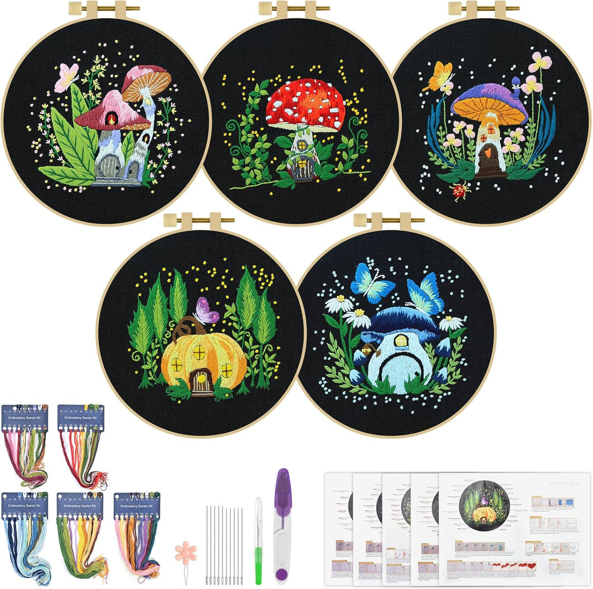 ERKOON 5 Sets Embroidery Kit for Beginners Adult Mushroom Cross Stitch