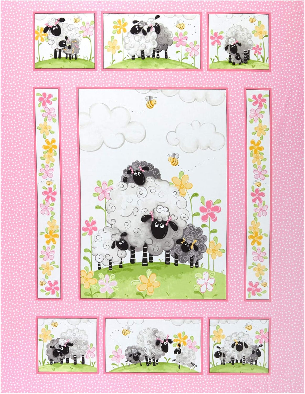 Susybee Lal the Lamb Quilt Panel 36" Pink, Fabric by the Yard
