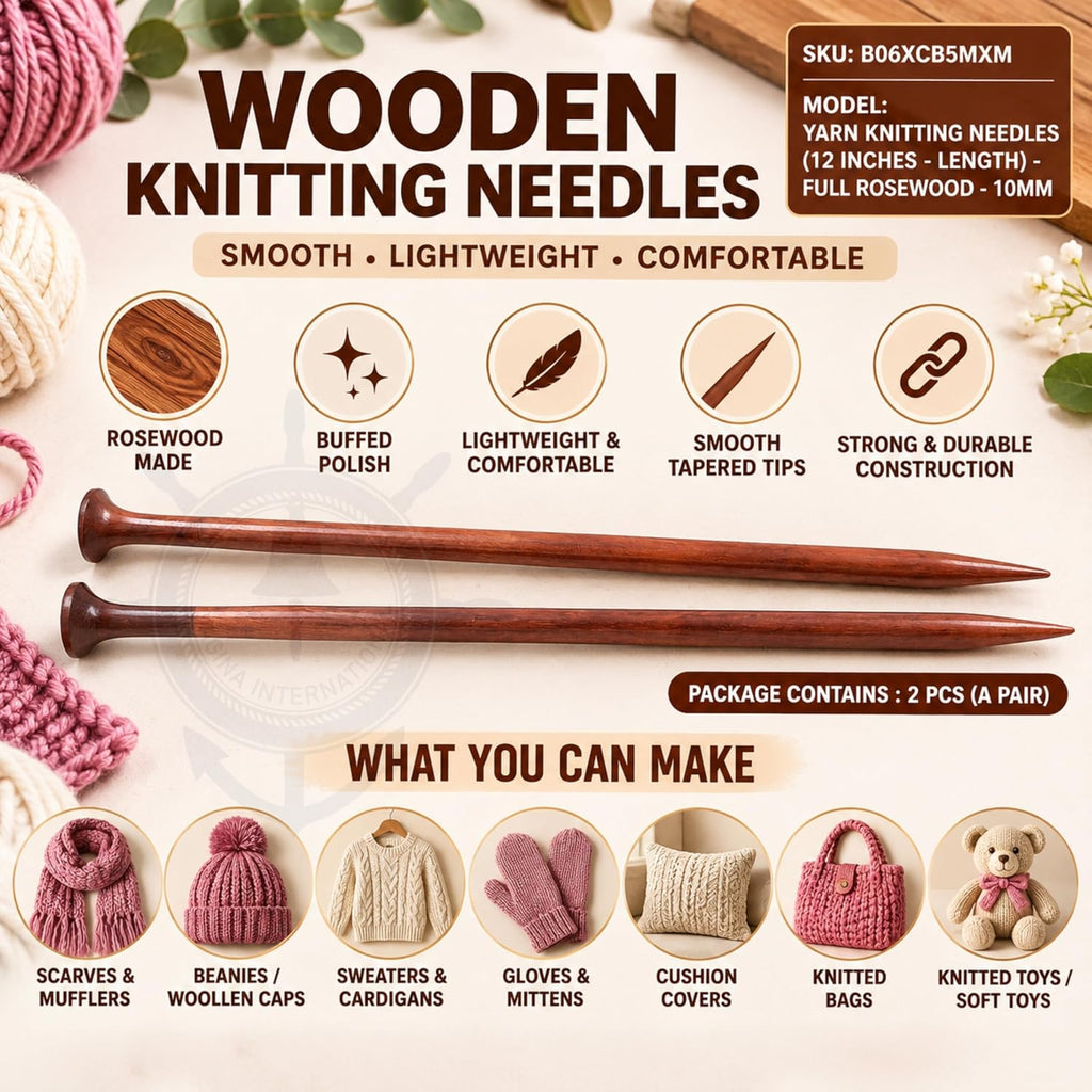 US Size 15-12" Rosewood & Maple Crafted Premium Yarn Knitting Needles