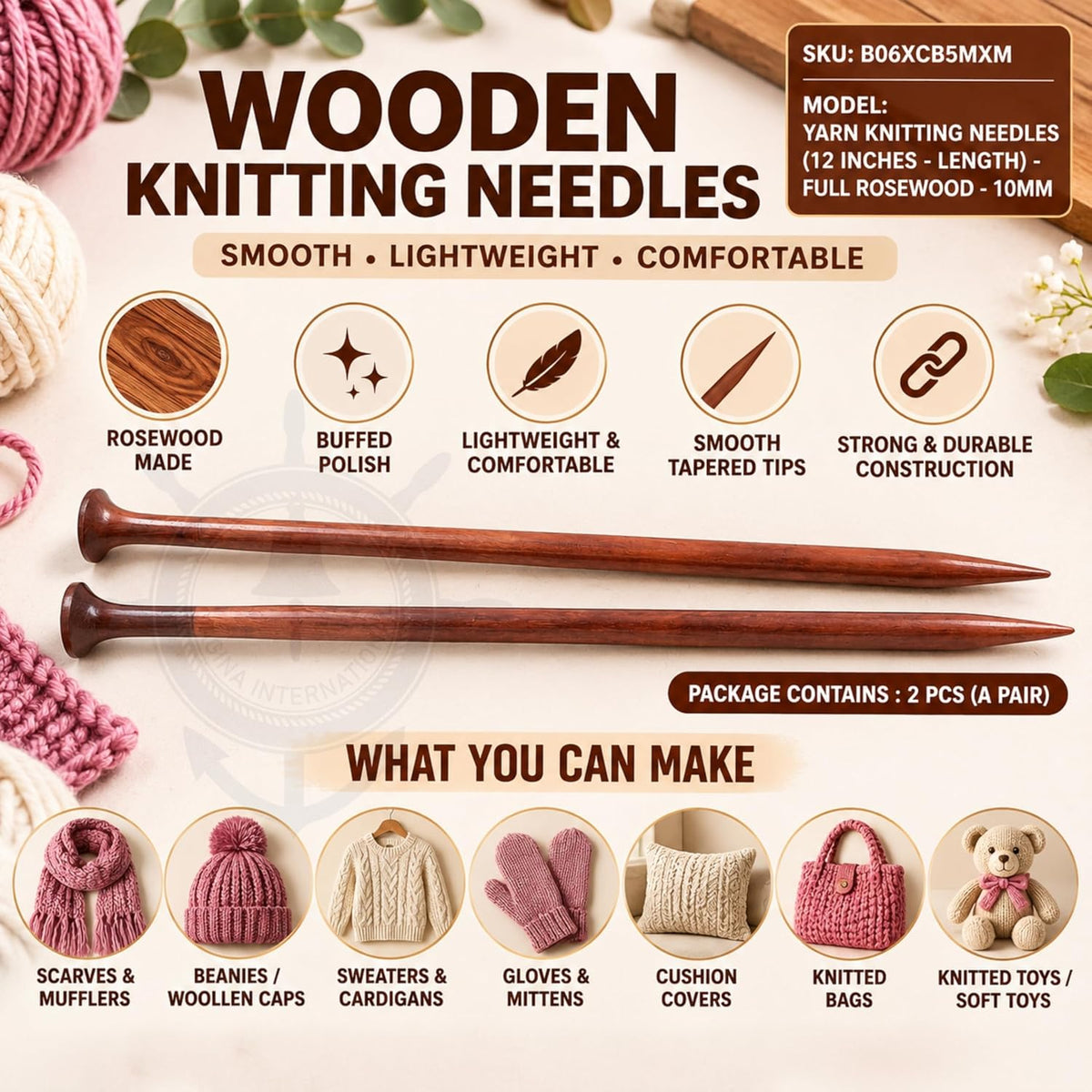 US Size 15-12" Rosewood & Maple Crafted Premium Yarn Knitting Needles