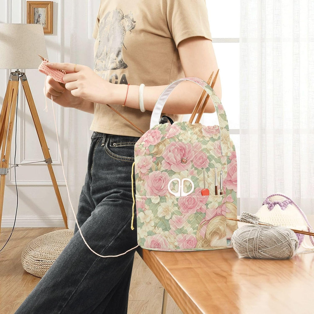 Pink Romantic Rose Flowers Yarn Storage Bag Yarn Holder Bag Portable