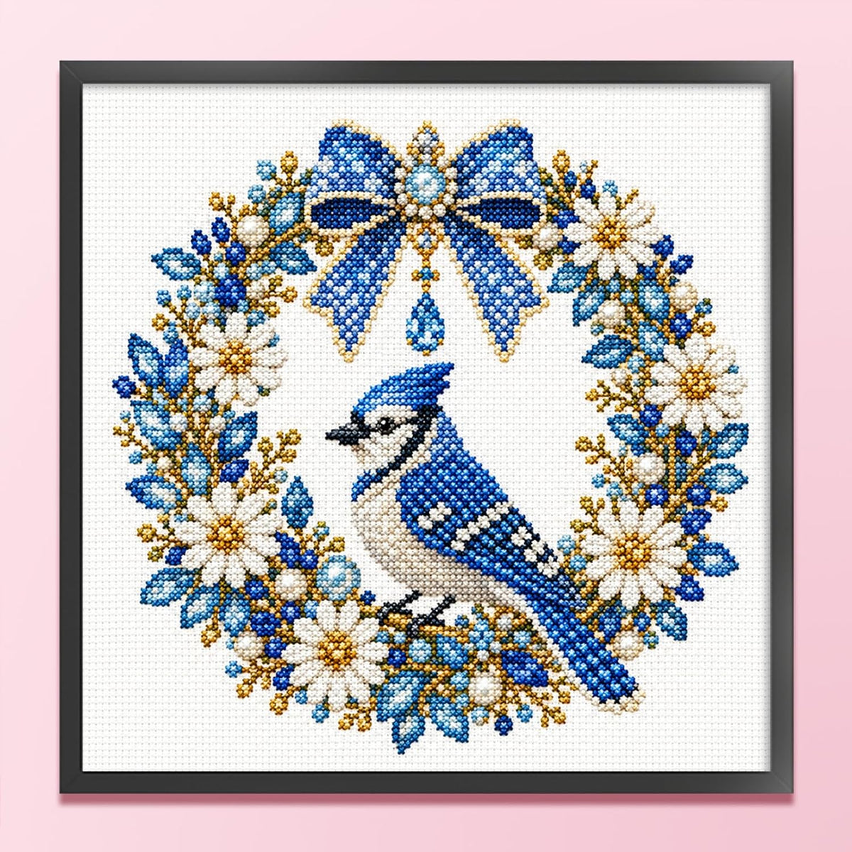 Stamped Cross Stitch Kit for Adults Bird Floral Bow 11CT (Blue Jay)