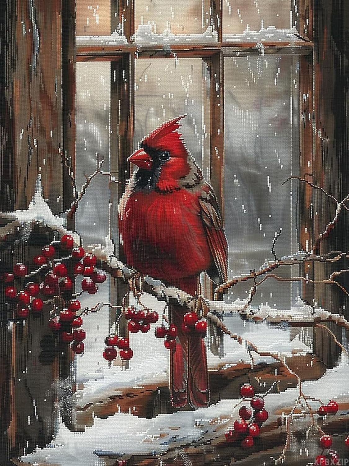 KFBXZIP Red Cardinal on Window Berries DIY 11CT Stamped Cross Stitch