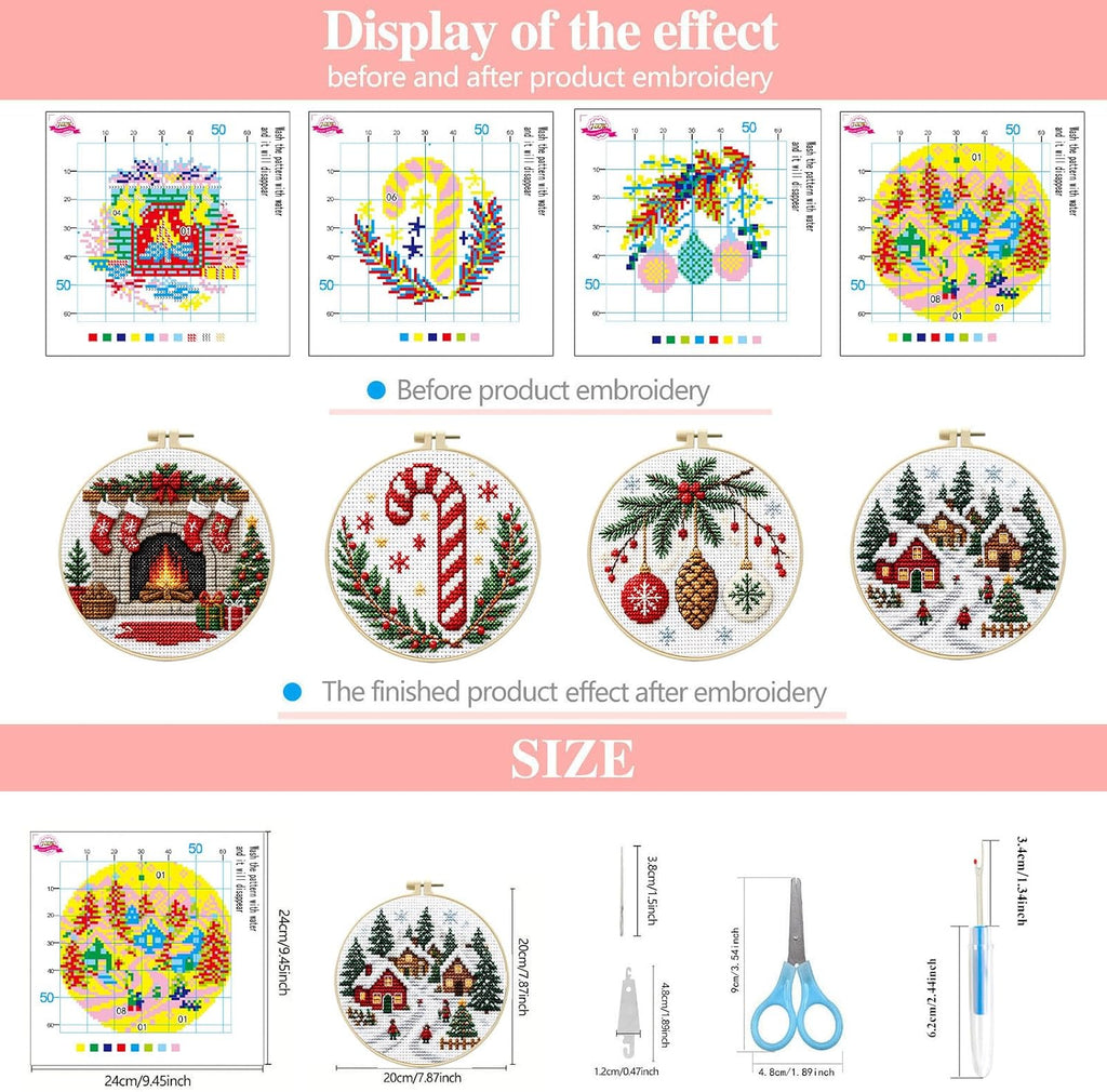 Zhenqing 11CT Stamped Cross Stitch Kit for Adults - 4-Piece Christmas