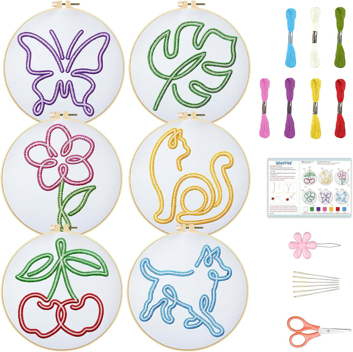 BEUNITONE Abstract Animal Embroidery Kit, 6PC Modern Line Art